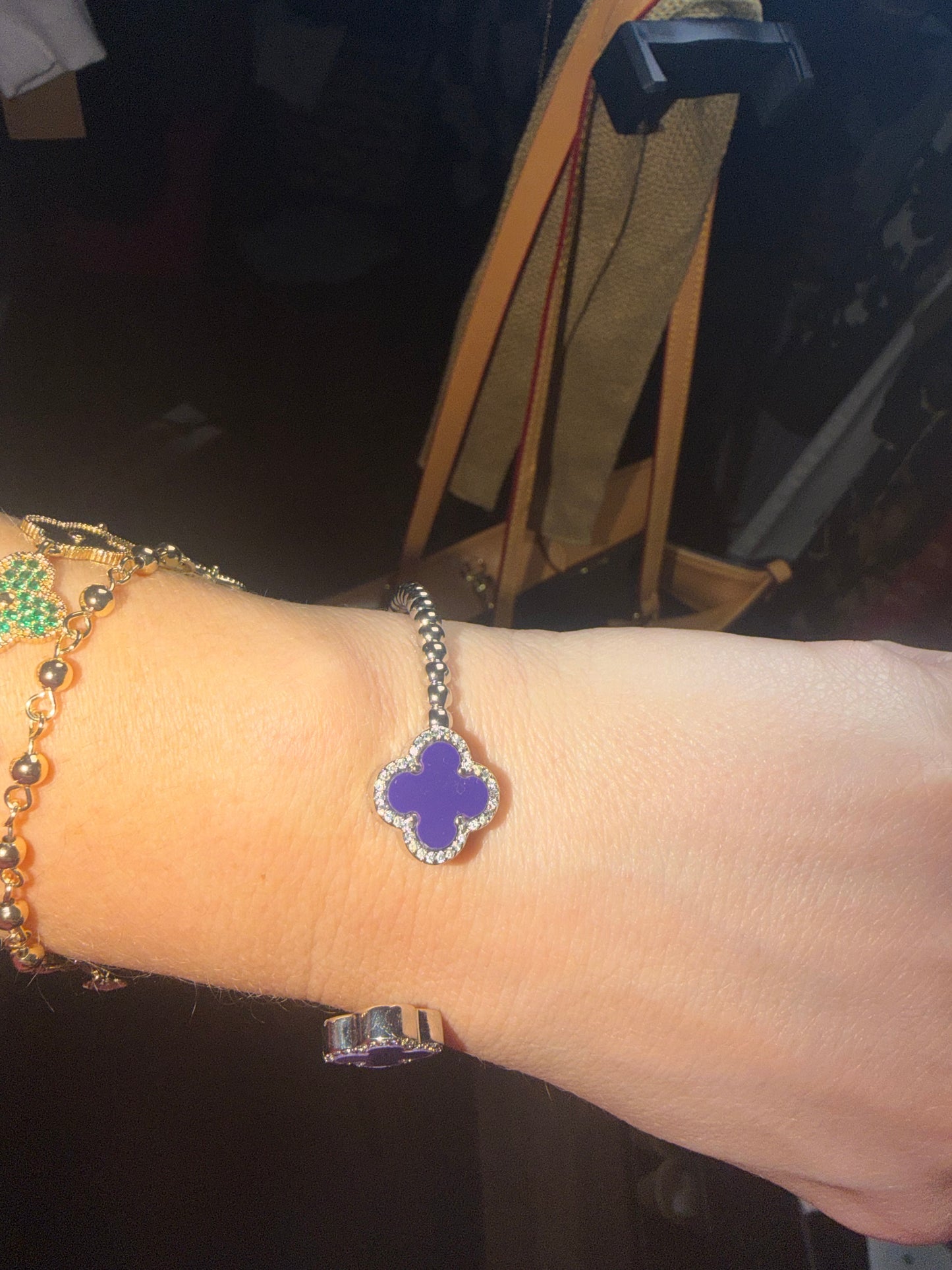14K Gold Plated Silver Bangle with Navy Blue Clovers – Waterproof & Tarnish Resistant