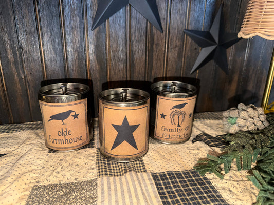 10oz Vintage Primitive Style Tin Jar Candle - Custom Scents