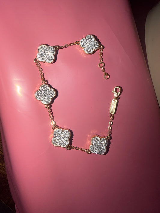 CZ Stone Clover Bracelet on 14K Gold Plated Chain – Adjustable 6-9"