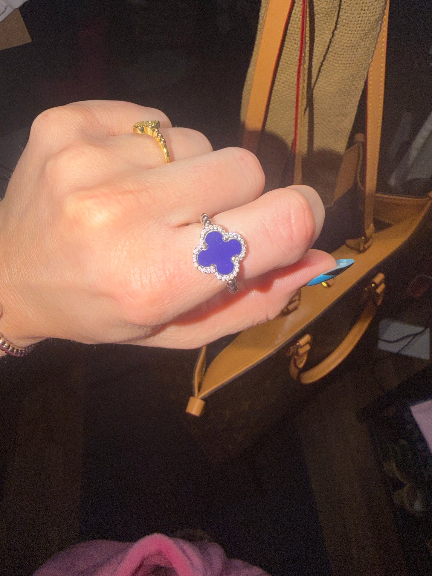 14K Gold Plated Silver Adjustable Navy Blue Clover Ring – Tarnish Proof & Waterproof