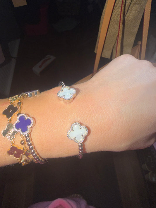 14K Gold Plated Silver Bangle Bracelet with Mother of Pearl Clover – Tarnish Proof & Waterproof